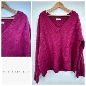 ONE GREY DAY Women's Cable Knit 100%‎ Cashmere V-Neck Sweater - Pink